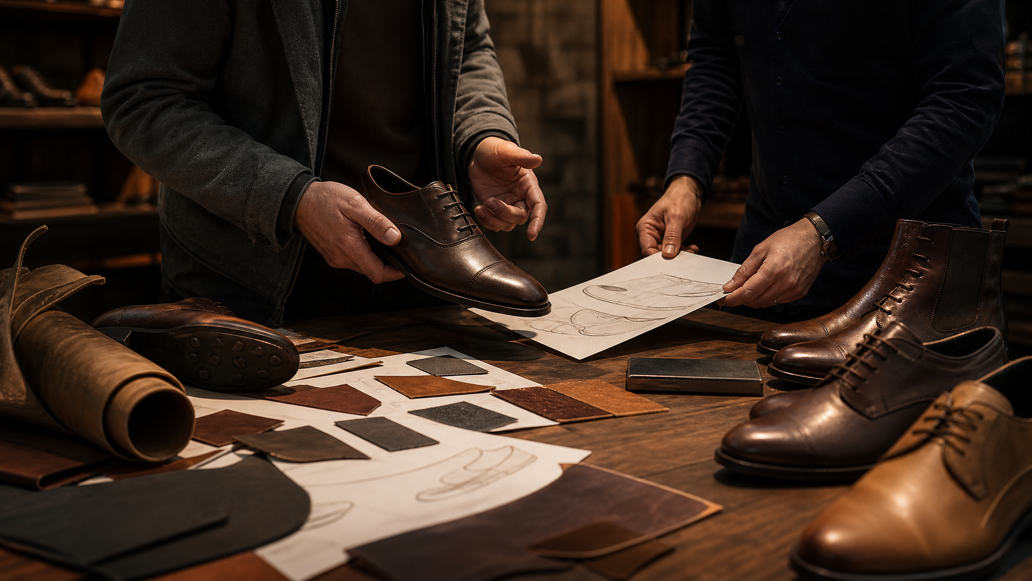 Brand owner reviewing leather shoe samples with the sourcing desk