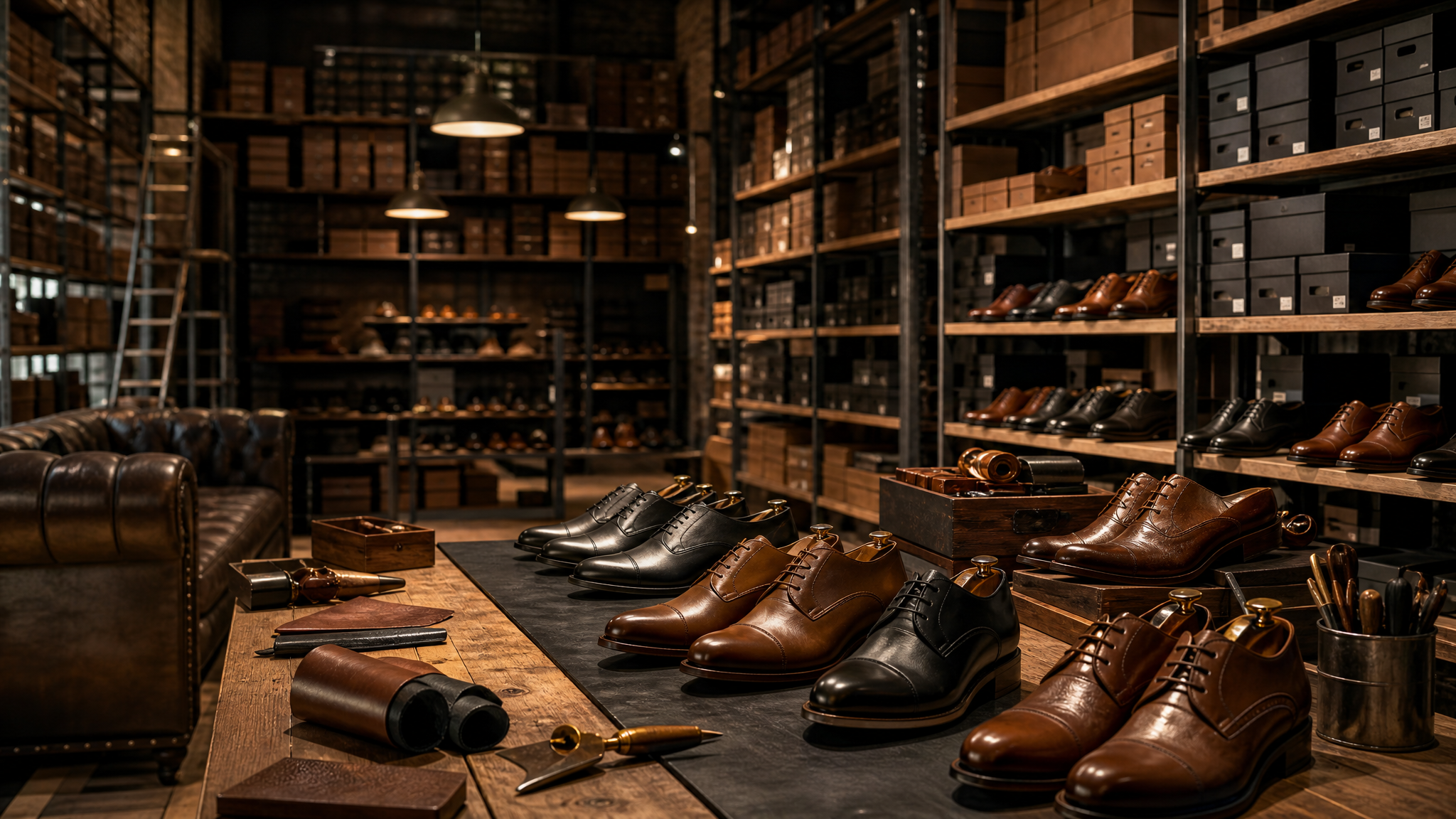 Wholesaler warehouse with boxed leather shoe programs on shelving