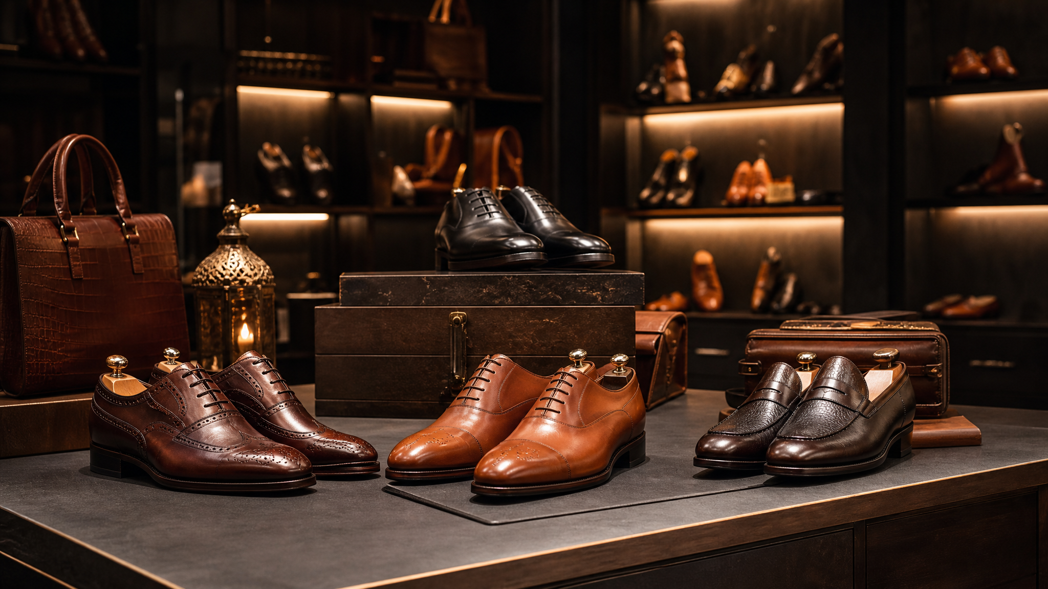 Retail display of men's leather dress shoes in a boutique