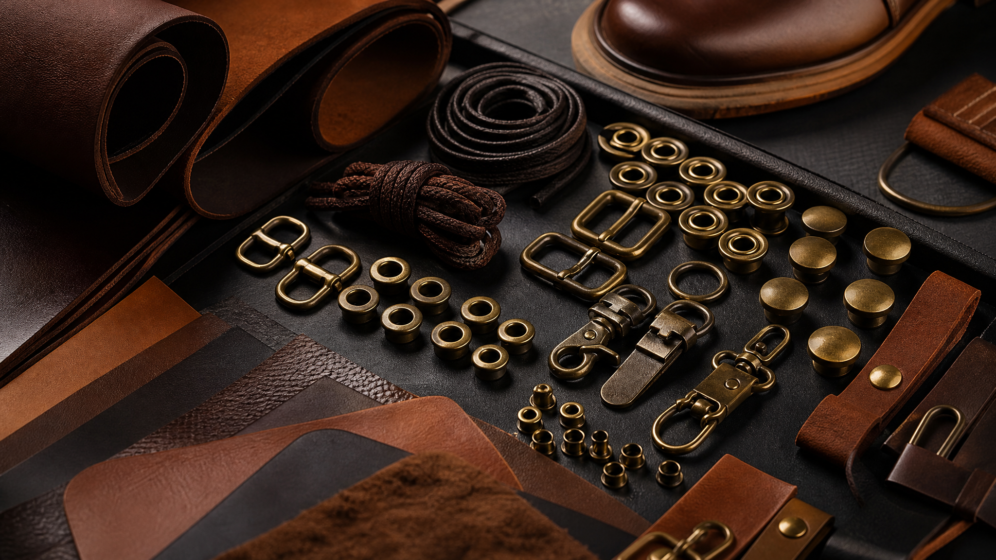 Brass eyelets, buckles and metal shoe hardware arranged on a tray