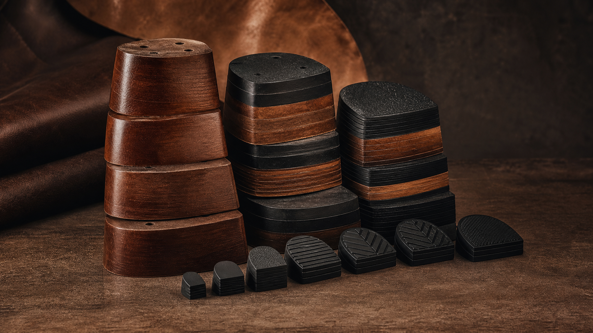 Stacked leather heel blocks and rubber heel tips in graduated sizes