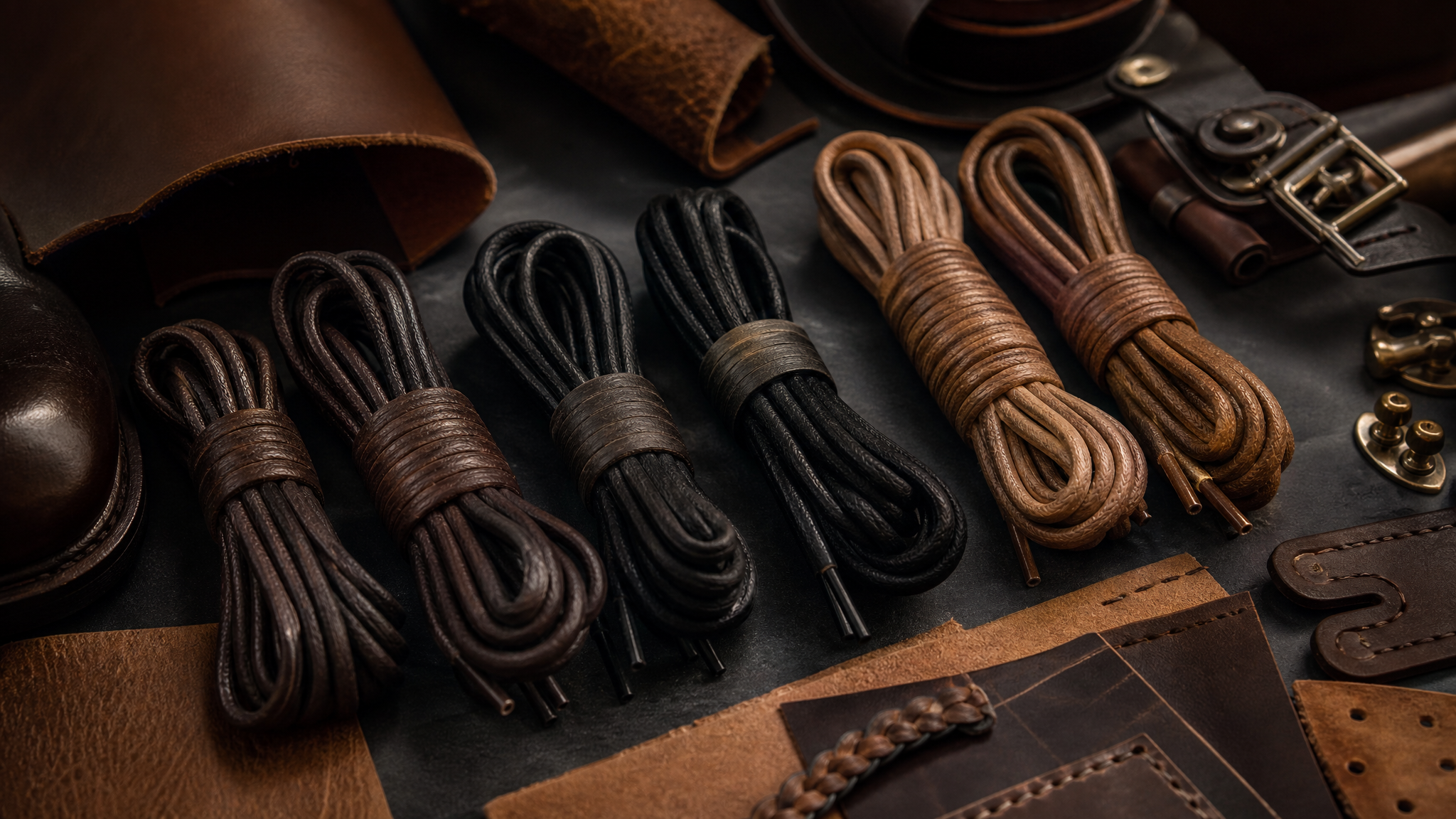 Waxed cotton shoelaces coiled neatly in rows