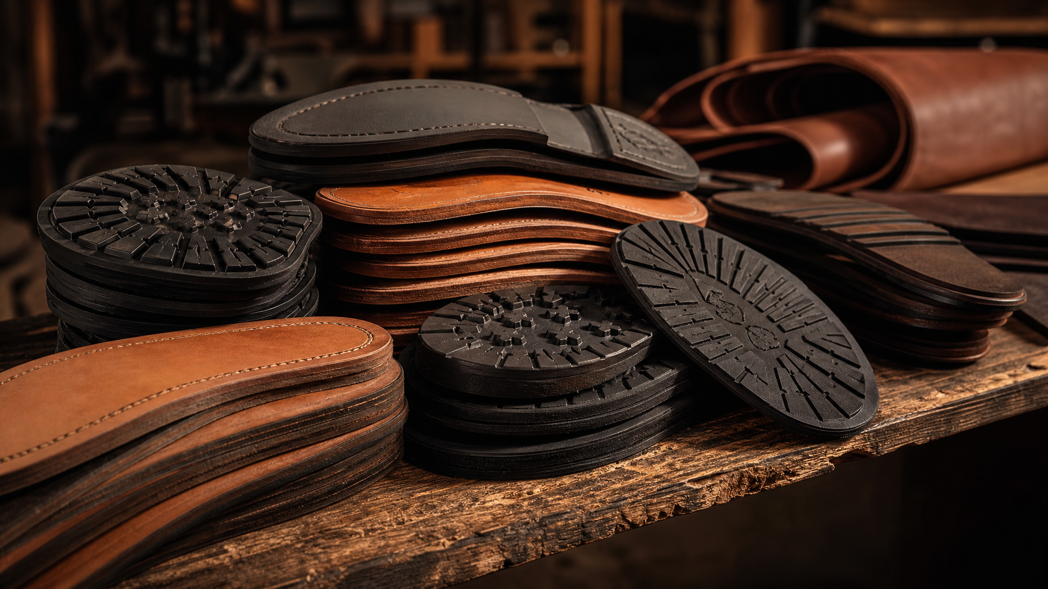 Leather soles and rubber outsoles stacked in a workshop