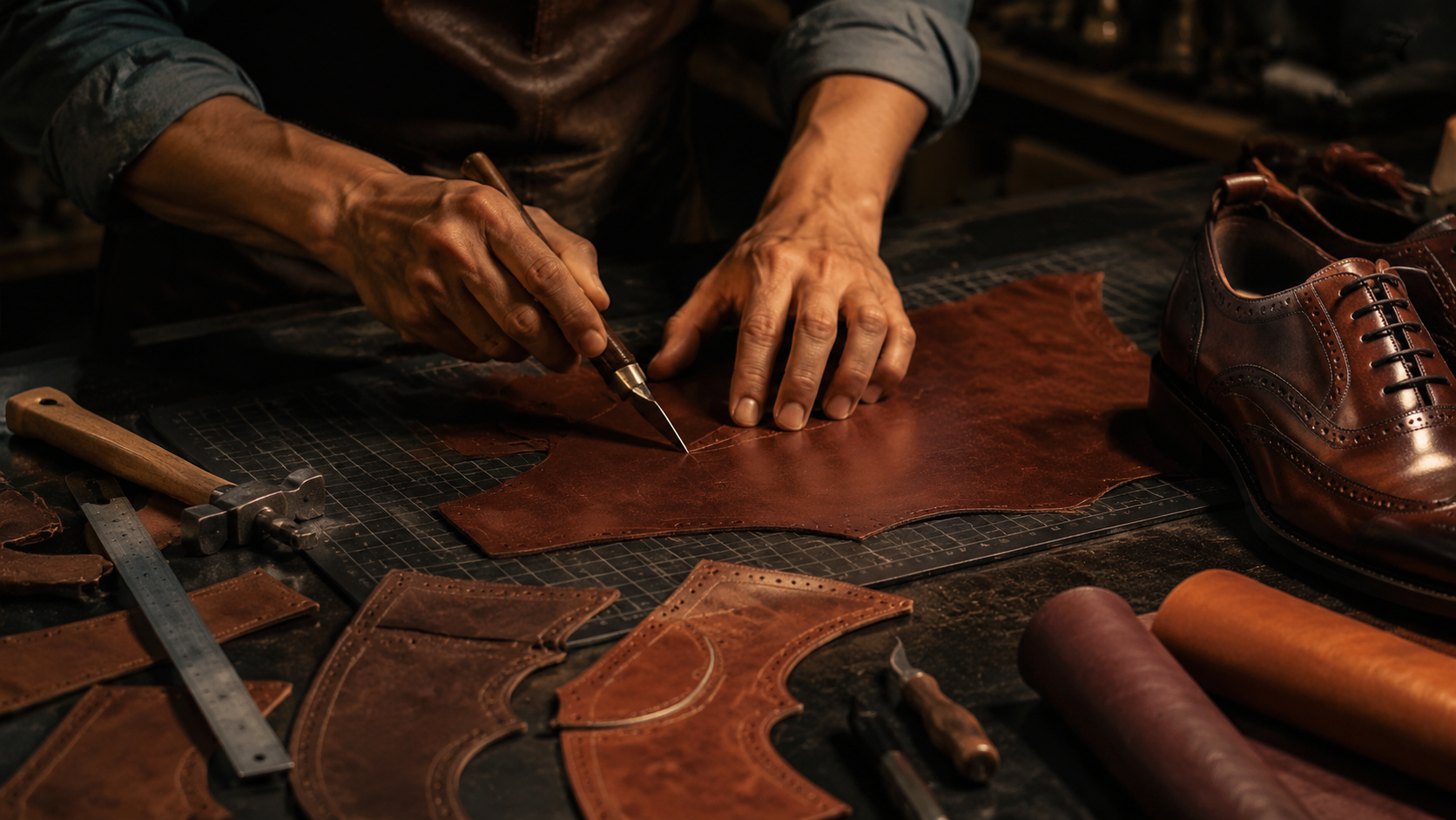 Craftsman cutting leather upper panels with patterns and tools