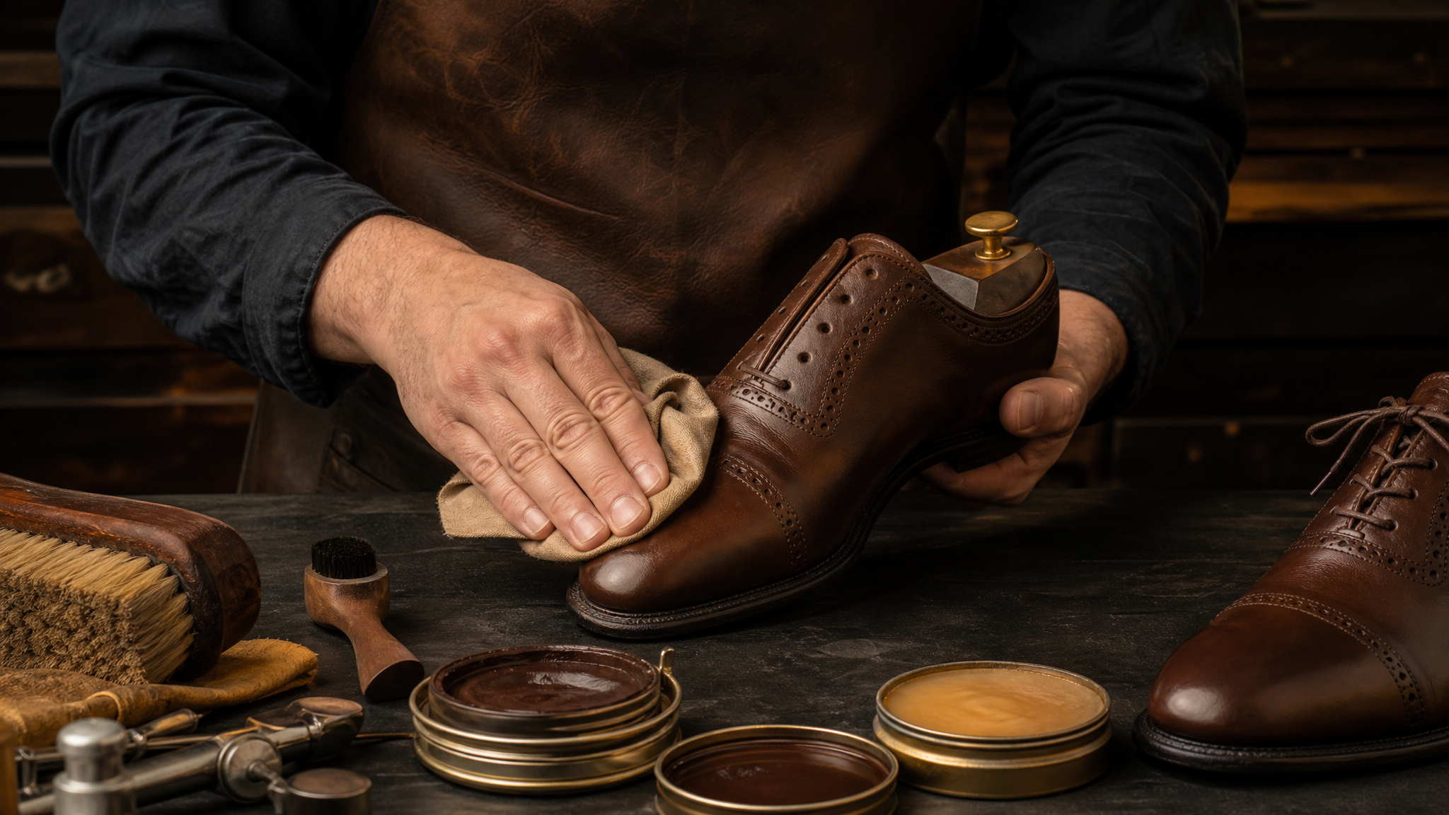 Final finishing bench, polishing a brown leather dress shoe