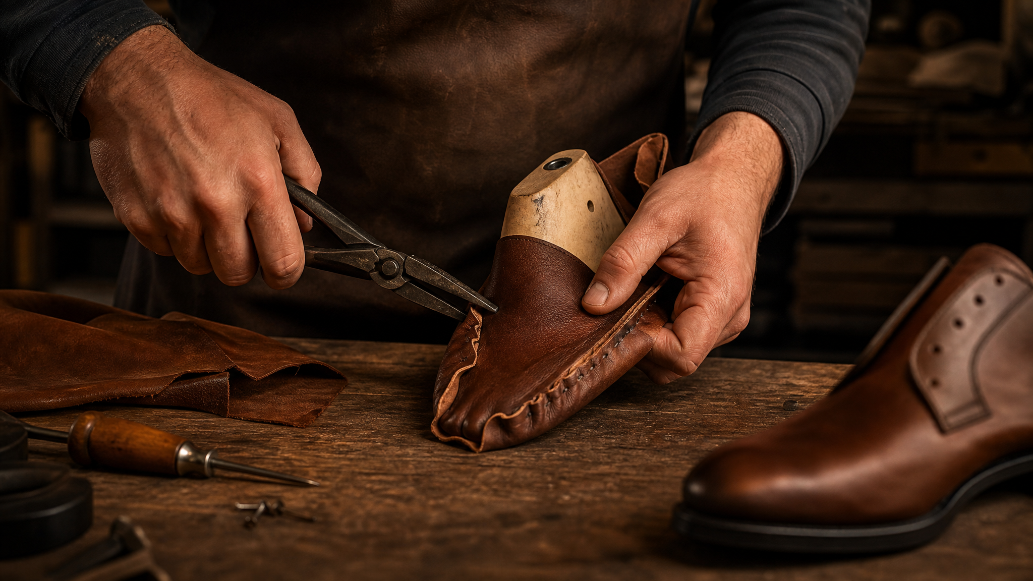 Shoemaker lasting a leather upper over a wooden shoe last
